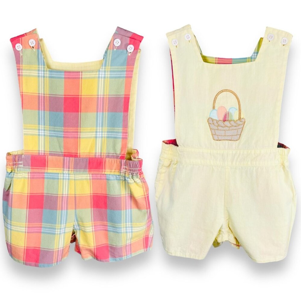 Dondolo Plaid + Spring Easter Basket Appliqué Shortalls Romper Outfit 12m / 18m